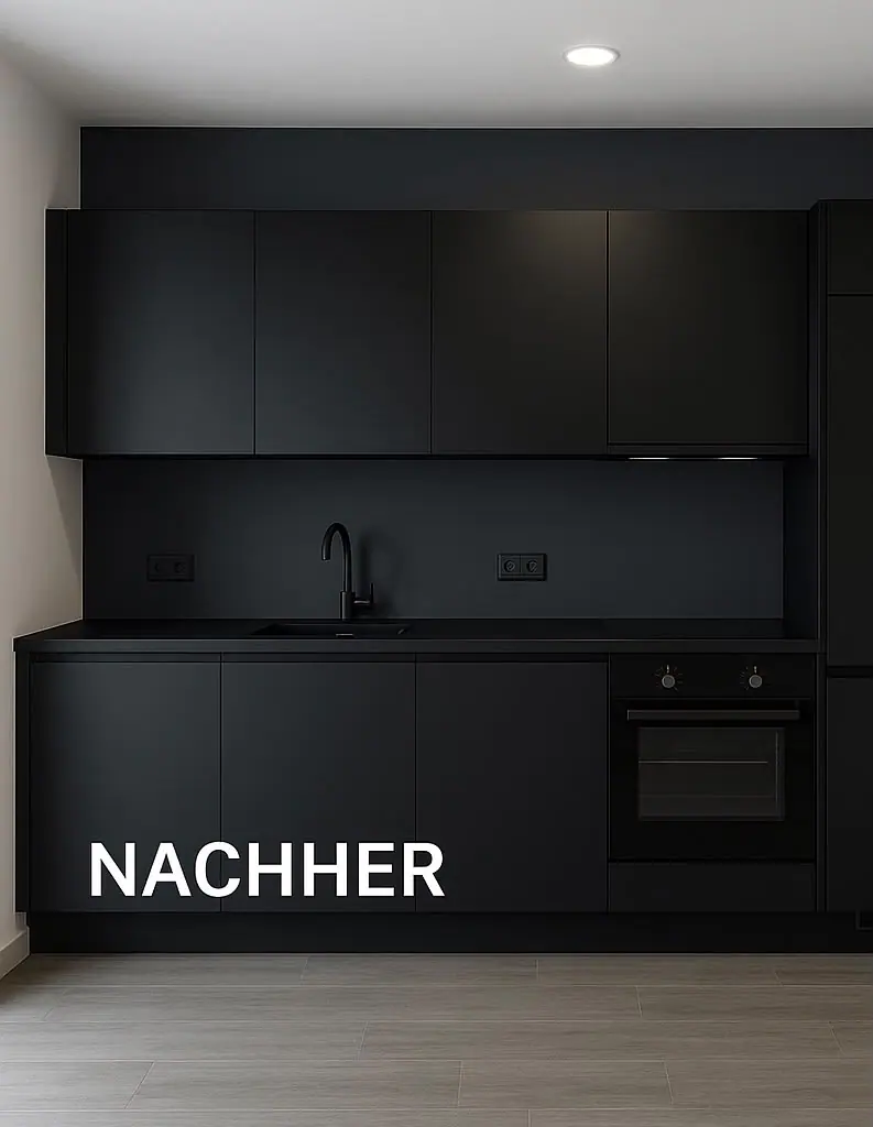 Dieselbe Küche nach der Folierung in Mattschwarz