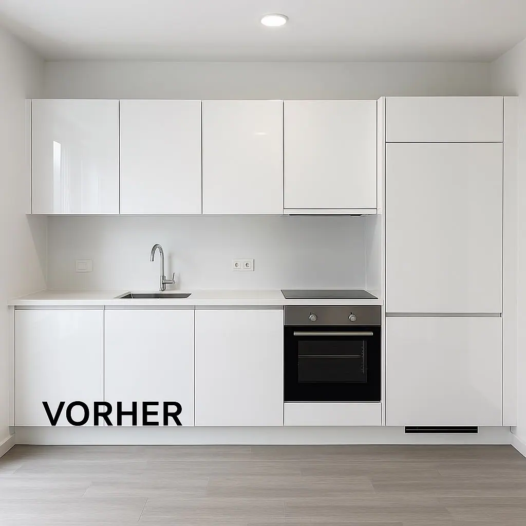 Küche vor der Folierung mit weißen Hochglanzfronten